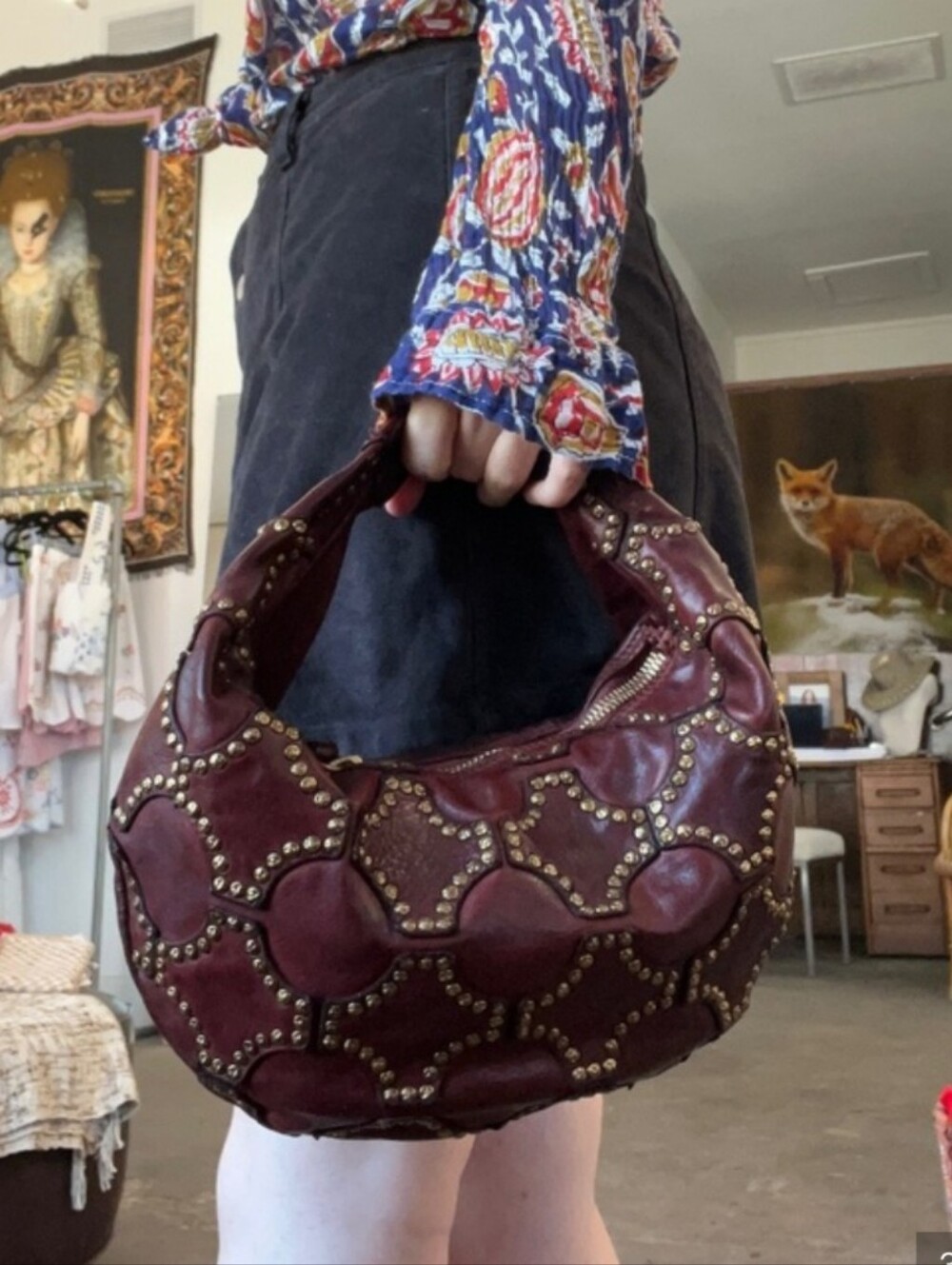 Studded Burgundy Leather Hobo Bag